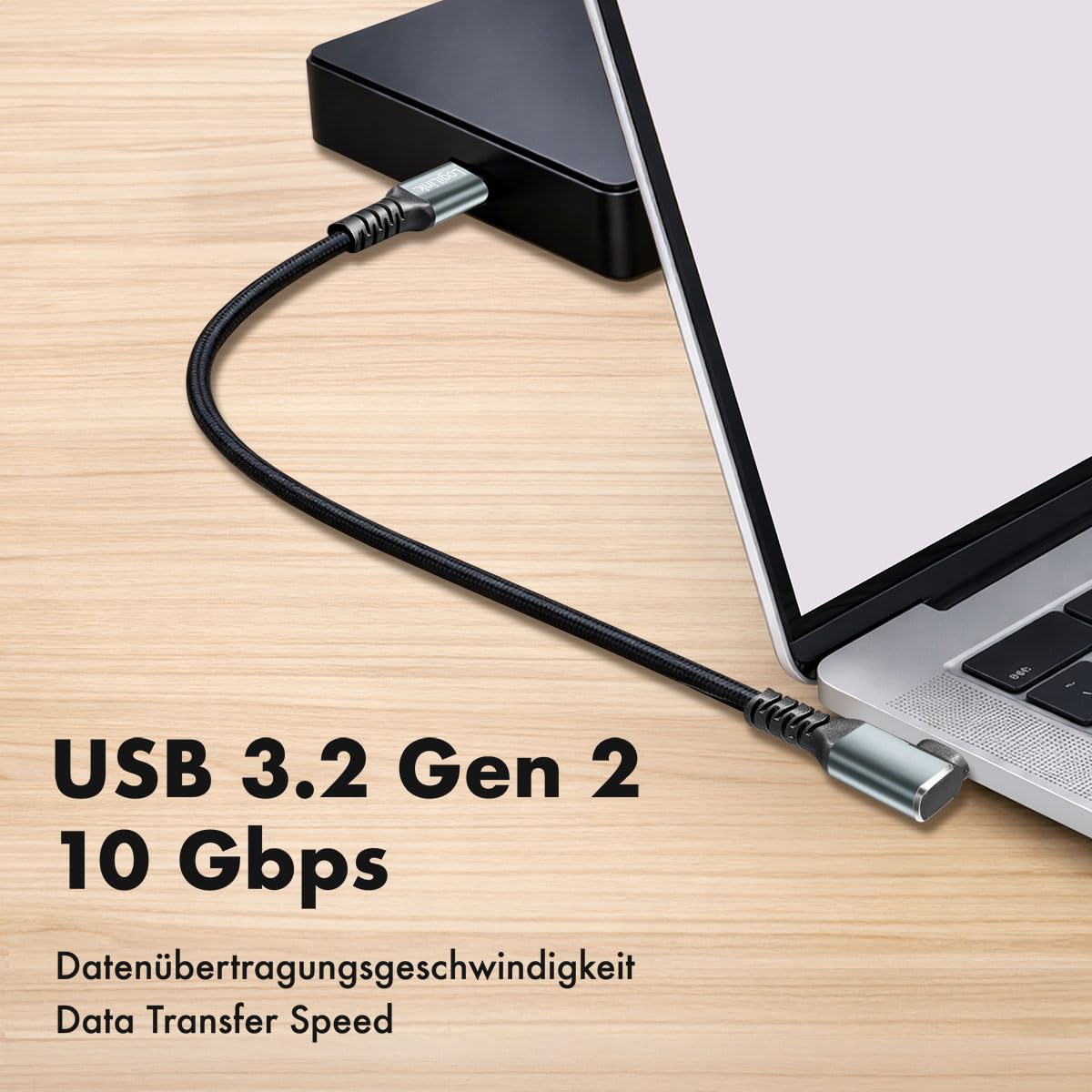 LogiLink Kabel przyłączeniowy USB 3.2 Gen2 typu C, wtyczka USB-C 90° do wtyczki USN-C, transmisja danych 10 Gbit/s, 100 W (PD3) i chipset E-marka, rozdzielczość wideo 4K/60Hz, płaszcz nylonowy