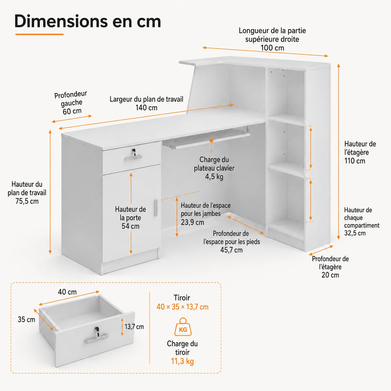 Empfangstheke 140 x 100 x 110 cm aus MDF, Rezeptionstheke mit 1 Schublade, 1 Schrank und Tastaturschublade, Bürotheke Empfangstresen für Büro und Empfangsbereich