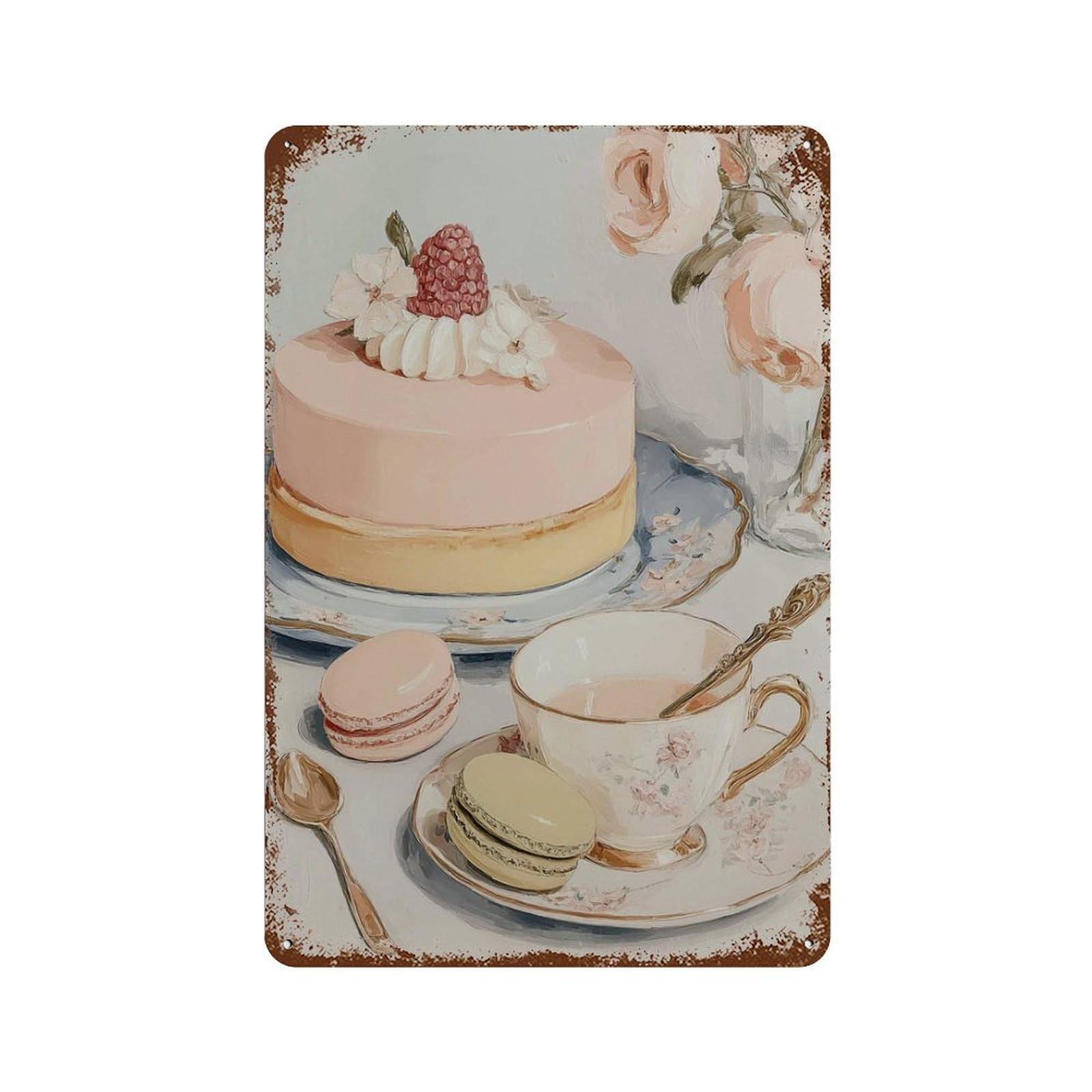 xiaoxiaoshen French Patisserie Cake Elegant Tea And Macaron Pastel Dessert Kitchen Bakery Wall Decor Art Metal Tin Poster Modern Home Decor Art Home Bar Shop Decorations Vintage Sign 30x20cm