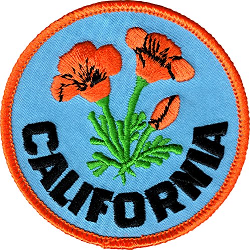 Orange California Poppies with Logo on Blue Background - Embroidered Iron On or Sew On Patch