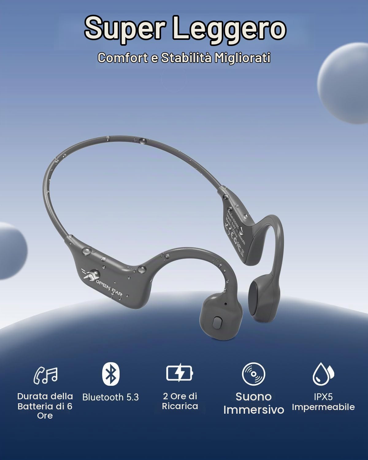 ANSTEN Casque Conduction Osseuse Bluetooth, Étanche IPX5(grigio) | Ricarica Rapida USB-C, IPX5 Impermeabile, Cuffie Sportive Open Ear per Running, Sport, Ciclismo e Fitness
