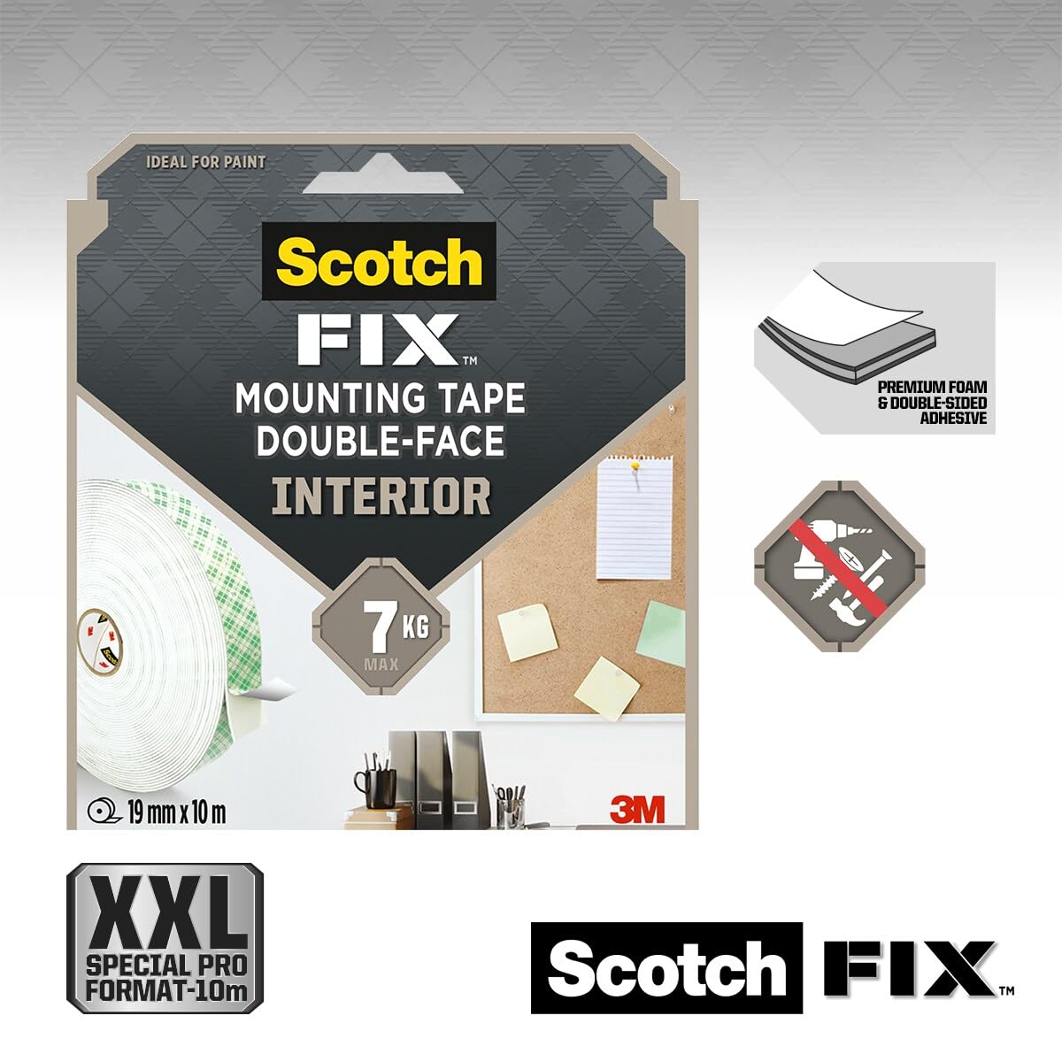 Scotch-Fix Nastro Biadesivo da Interni - 1 Rotolo, 19 mm x 10 m - Adatto a Diverse Superfici - Fino a 7 kg
