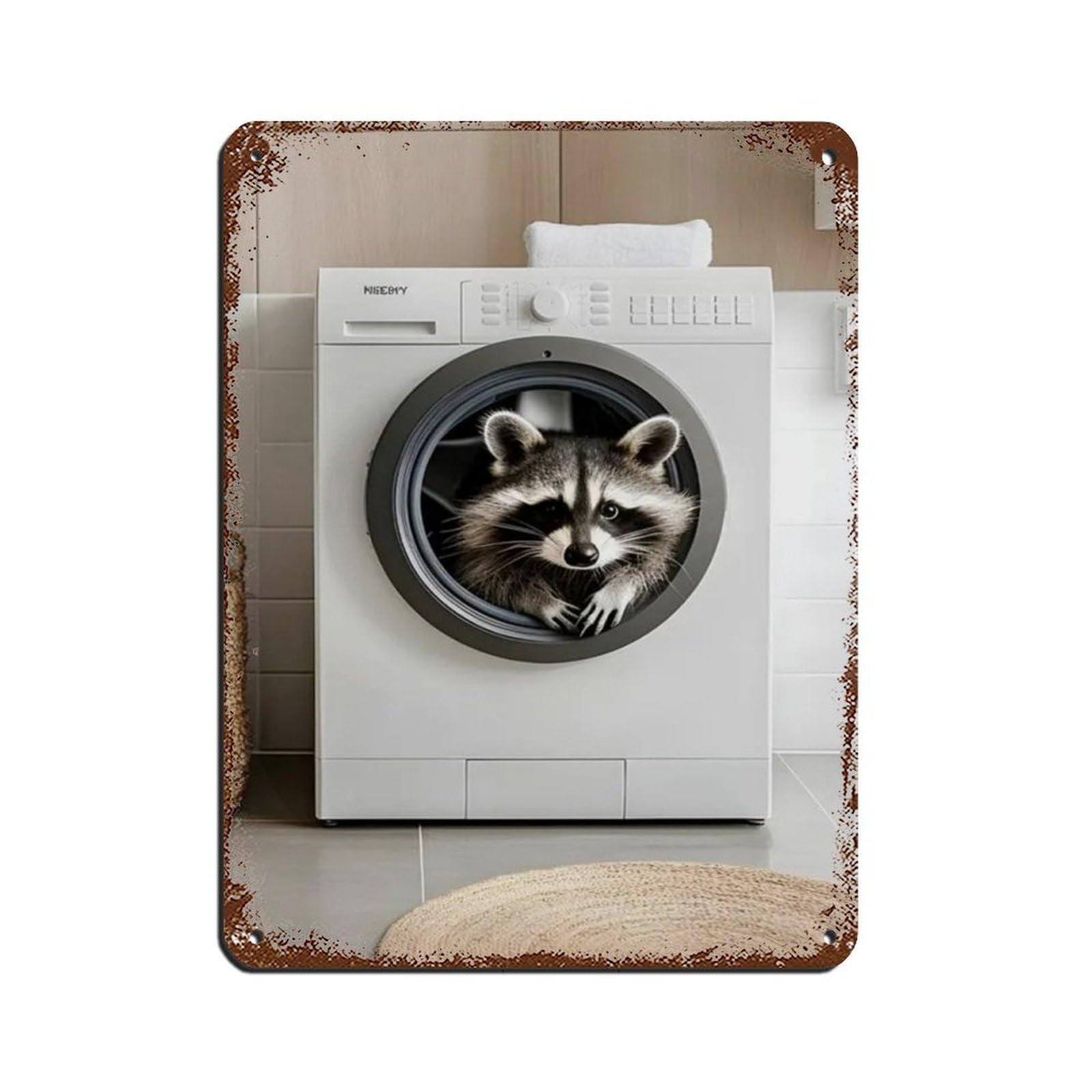 Raccoon in A Washing Machine, Bathroom Art Tin Sign Vintage Metal Pub Club Cafe Bar Home Wall Art Decoration Poster Retro 12x16inch(30x40cm)