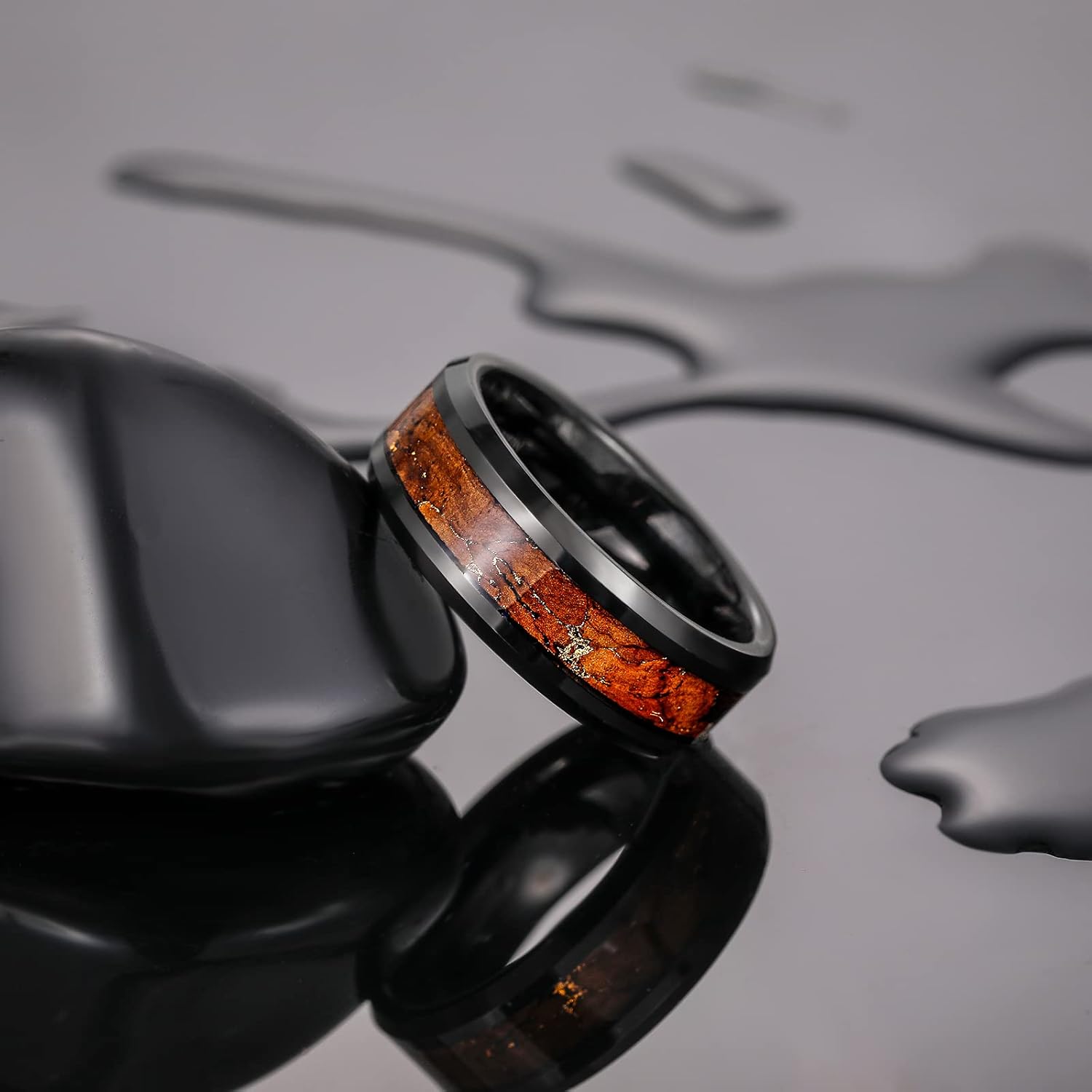 TRUMIUM 6mm 8mm Mens Wedding Band Tungsten Rings for Men Women Whiskey Wood Turquoise Opal Guitar String Black Wedding Rings Beveled Edges Comfort Fit Size 6-13 - Image 2