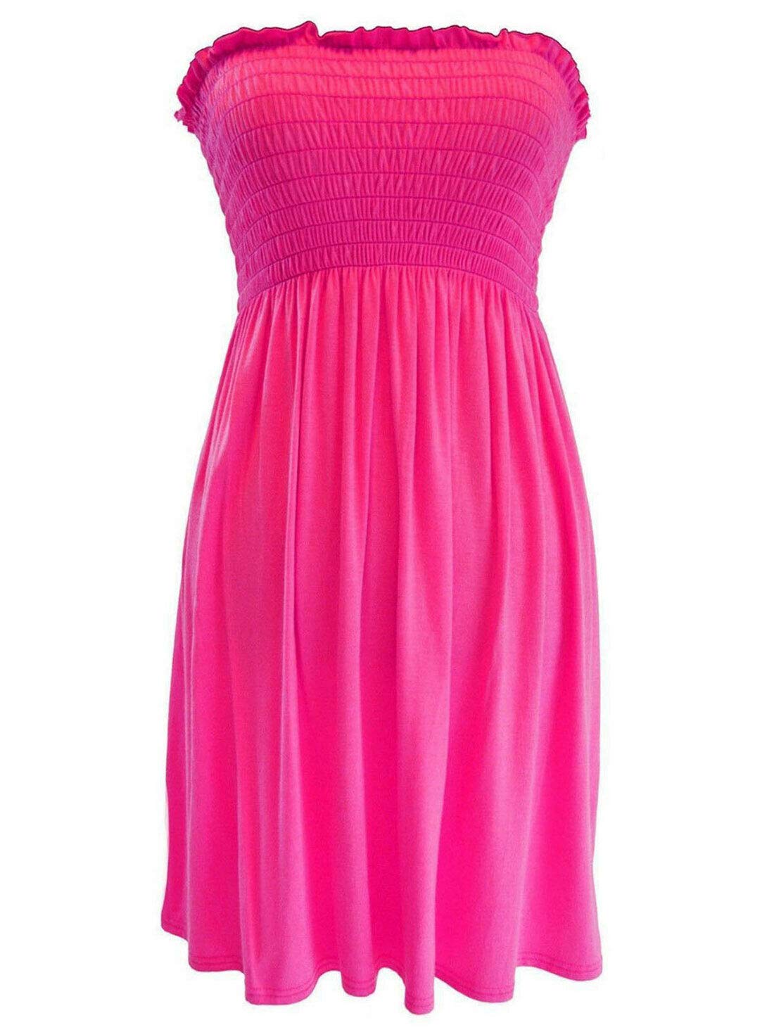 FAIRY TRENDZ LTD Women Sheering Strapless Plain Top Beach Dress Top Casual Wear Bandeau Top Vest Dress (Cerise UK 12-14)