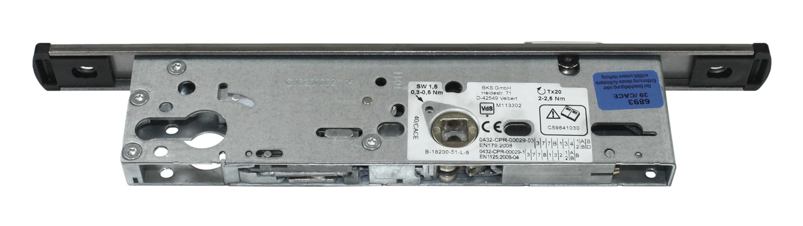 BKS Rohrrahmen Panikschloss Türschloss B-18200-51-L-8, Funktion B einwärts/auswärts geteilte Nuss, Dornmaß 40mm, Entfernung: 92mm, U-Form Stulp: 24x268mm, DIN Links/Rechts (Dornmass: 40mm (39mm))