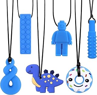6 PCS Sensory Chew Necklace, Chew Toys Food Grade Silicone for Autistic Children, Teething, Anxiety, Biting Needs, ADHD, Oral Motor Chewy with Adjustable Buckle for Baby Boys Girls (Blue)