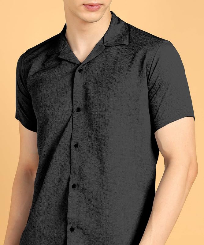 Image of COMBRAIDED Men's Solid Cotton Blend Half Sleeve Shirt - Regular Fit Casual Button-Down Shirt for Office & Travel - Summer & Spring