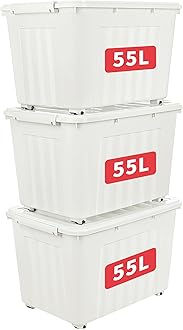 Cetomo 55L*3 Storage Boxes with Lids, Plastic Storage Box with Wheels and Secure Side Latches, Stackable & Nestable Organizer for Home, Office, Moving, PP, White, 55L-3 Pack