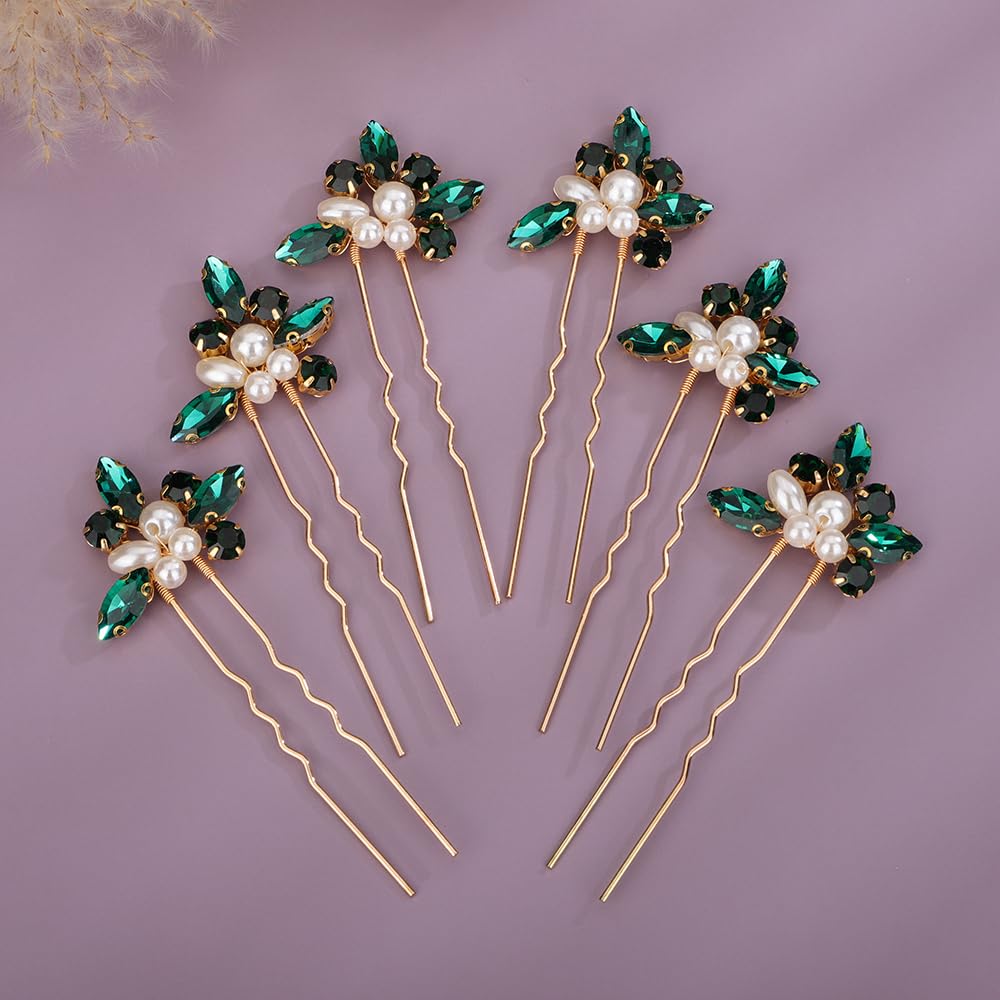 Teyglen 6pcs Crystal Pearl Bridal Hair Pins Green Rhinestone Wedding Hair Pins Clips Set Handmade Rhinestone Hair Piece Decorative Hair Accessories