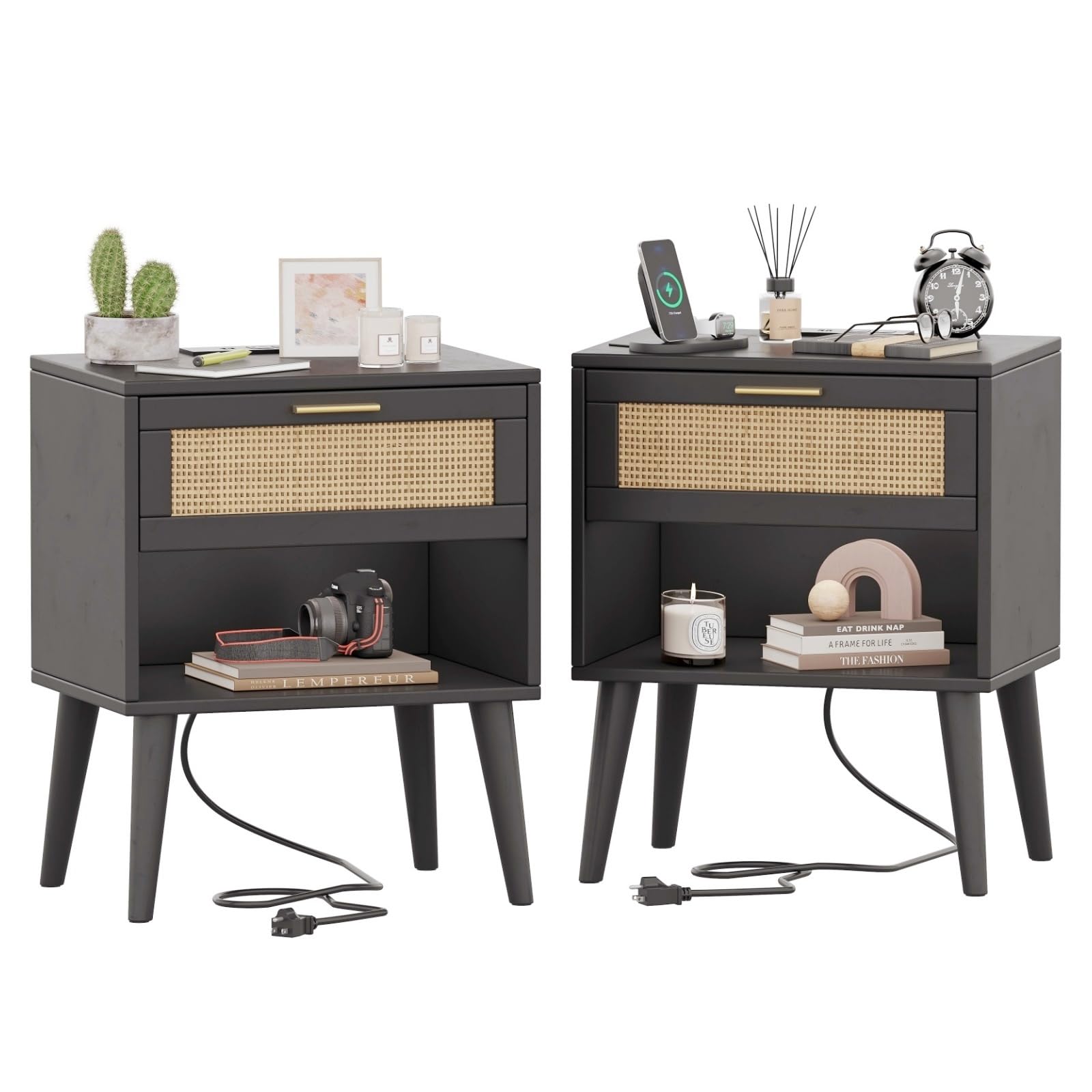 Irontar 17.7'' Wide Rattan Nightstand Set of 2, Bedroom Night Stand with Charging Station & Drawers, Boho Bed Side Table with Solid Legs, Accent End
