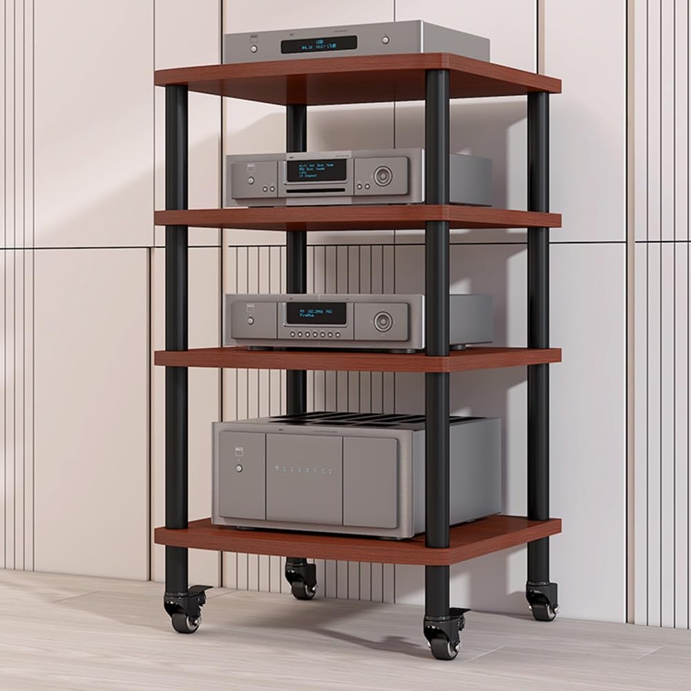 CWCQGH 3 Tier Media Stand Amplifier Rack Mobile Audio Tower with Wheels CD Player & Stereo Component Cabinet Stylish Black Design for Home Entertainment,Teak Wood-4 Tier