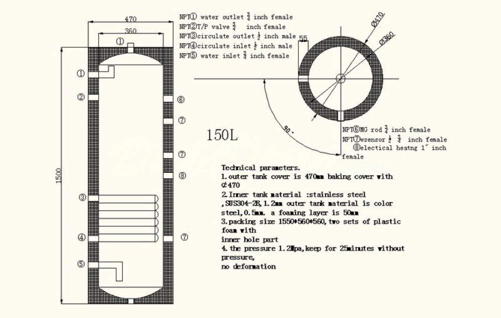 150 Liter 40 Gallon Stainless Steel Solar Hot Water Heater Tank Single