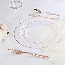I00000 60 Pcs Rose Gold Plastic Plates, Disposable Party Set Include: 60 Clear Plastic Plates with Rose Gold Trim for dinner and dessert Perfect for Holidays, Wedding & Party Supplies