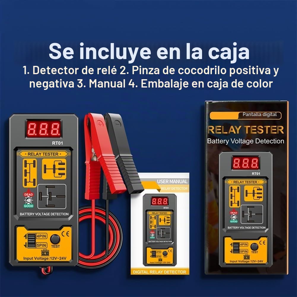 Comprobador de relé de coche de 12 V/24 V. Pantalla LCD con retroiluminación digital, prueba relés de 4/5 pines, compatible con baterías de plomo-ácido/AGM/litio adecuadas para coches, camiones