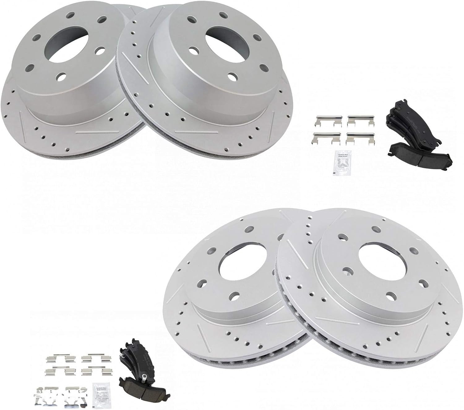 TRQ Front & Rear Brake Pad & Rotor Kit Ceramic Premium G-Coated Slotted X Drilled Compatible with 99-07 Chevrolet GMC