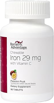 Bariatric Advantage Chewable Iron 29 mg - for Bariatric Surgery Patients - Iron with Vitamin C - No Iron Taste - Ferrous Fumarate & Carbonyl Iron Supplement - Passion Fruit - 90 Count