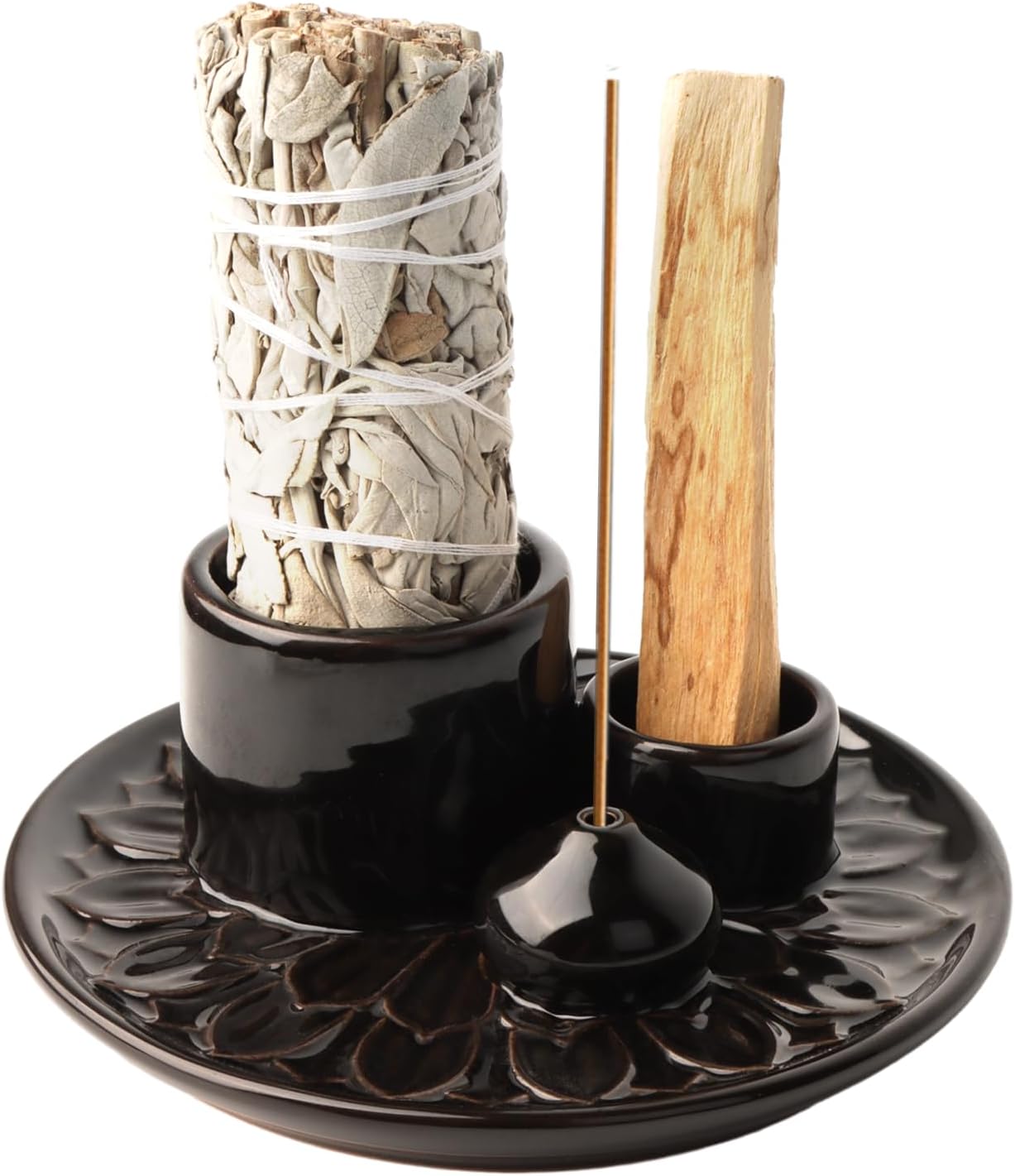 Palo Santo Holder – 4 in 1 Ceramic Incense & Candle Burner Ash Catcher Tray for Smudging, Meditation, Yoga, Relaxation – Heat Resistant, Easy to Clean (Brown)