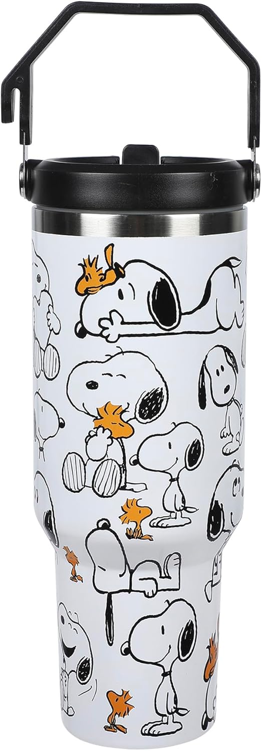 Bioworld Peanuts Snoopy & Woodstock All-Over Print 30 Oz White Stainless Steel Water Bottle