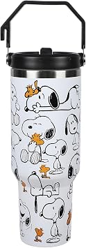 Bioworld Peanuts Snoopy & Woodstock All-Over Print 30 Oz White Stainless Steel Water Bottle