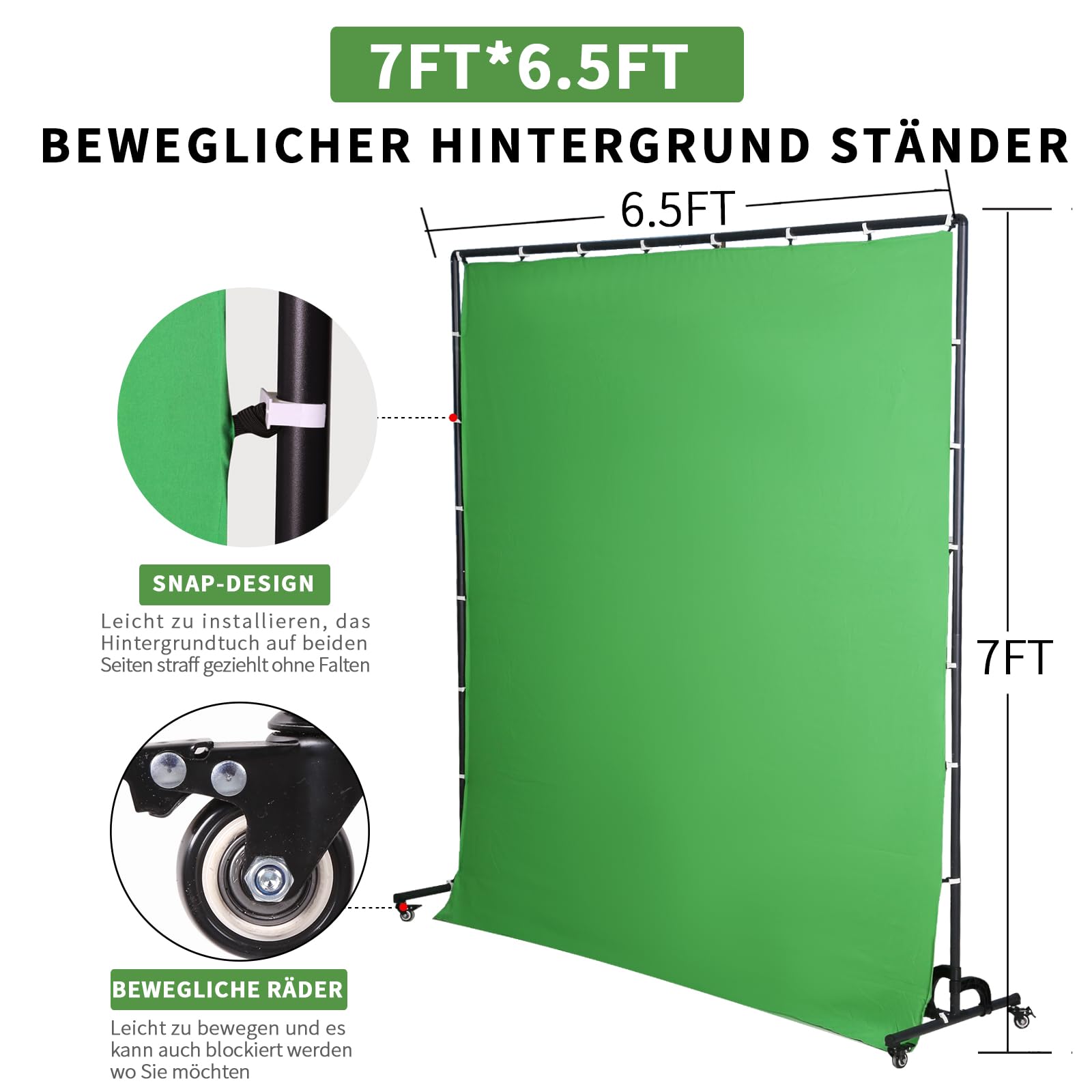 Toile de fond pour écran vert avec roues, Keying Photographie verte Toile de fond en polyester Photo de studio Cadre de support mobile portable pour la transmission en direct, les jeux