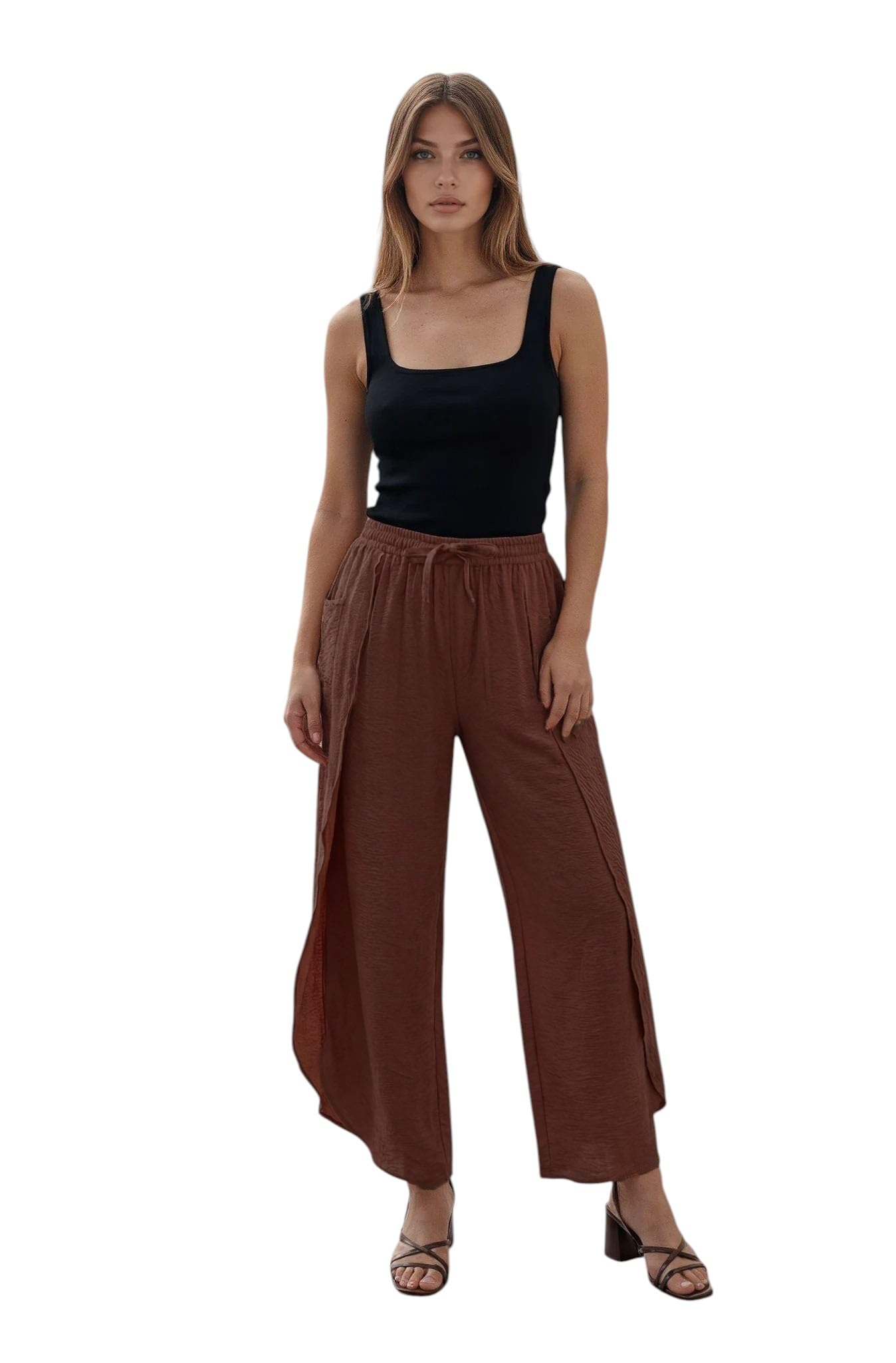 oomph! Womens Palazzo Pants High Waisted Side Split Boho Beach Pant Summer Flowy Wide Leg Trousers-picture-48