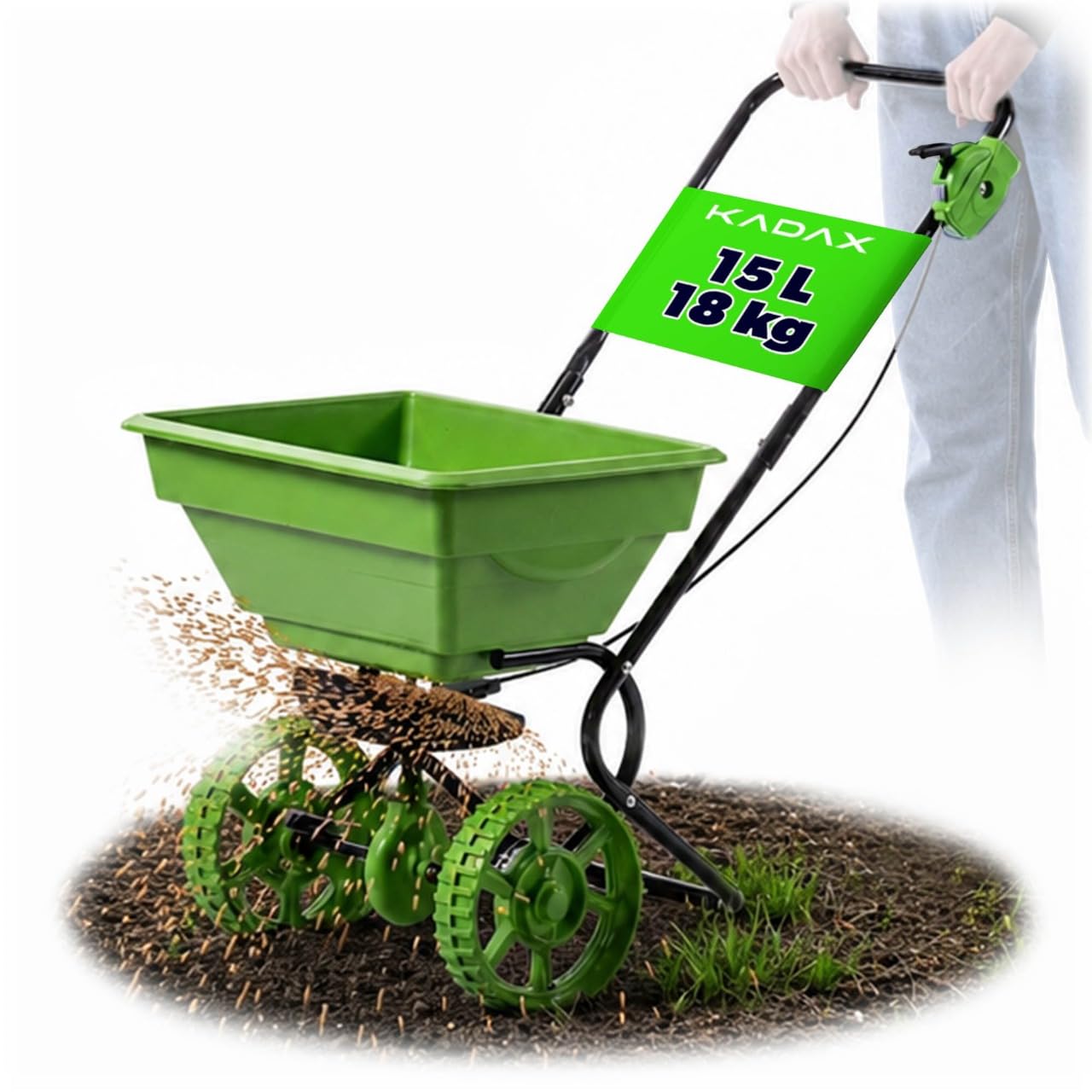 KADAX Carro esparcidor de 15 L con ruedas, esparcidor de abono, salero y esparcidor de semillas para jardín y servicio de invierno, para sal de carretera y fertilizante para césped