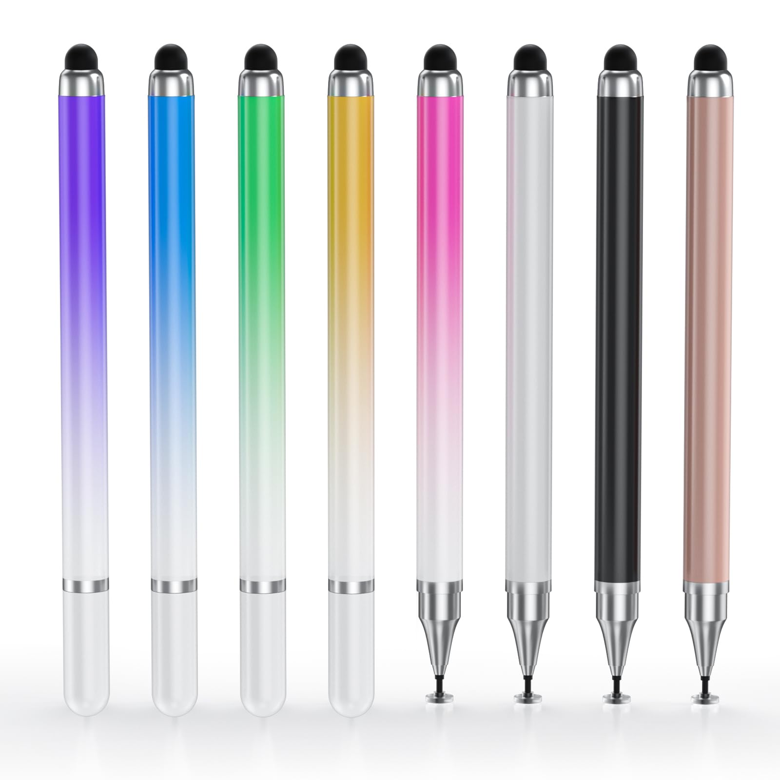 Frafode 8 Pcs Universal 2 in 1 Stylus Pens for Touch Screens, High Precision & Sensitivity Disc Tip Gradient Color Capacitive Stylis Pencils for iPhone, iPad, Android, Tablets, Smartphone