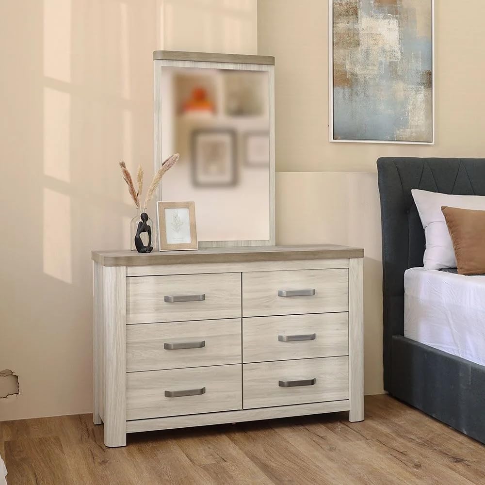 Danube Home Olivos 6 Drawers Dresser With Mirror | Durable Vanity Table | Dressing Makeup Desk With Storage | Modern Design Bedroom Furniture 128x53x16.5Cm Ash Grey/Oak