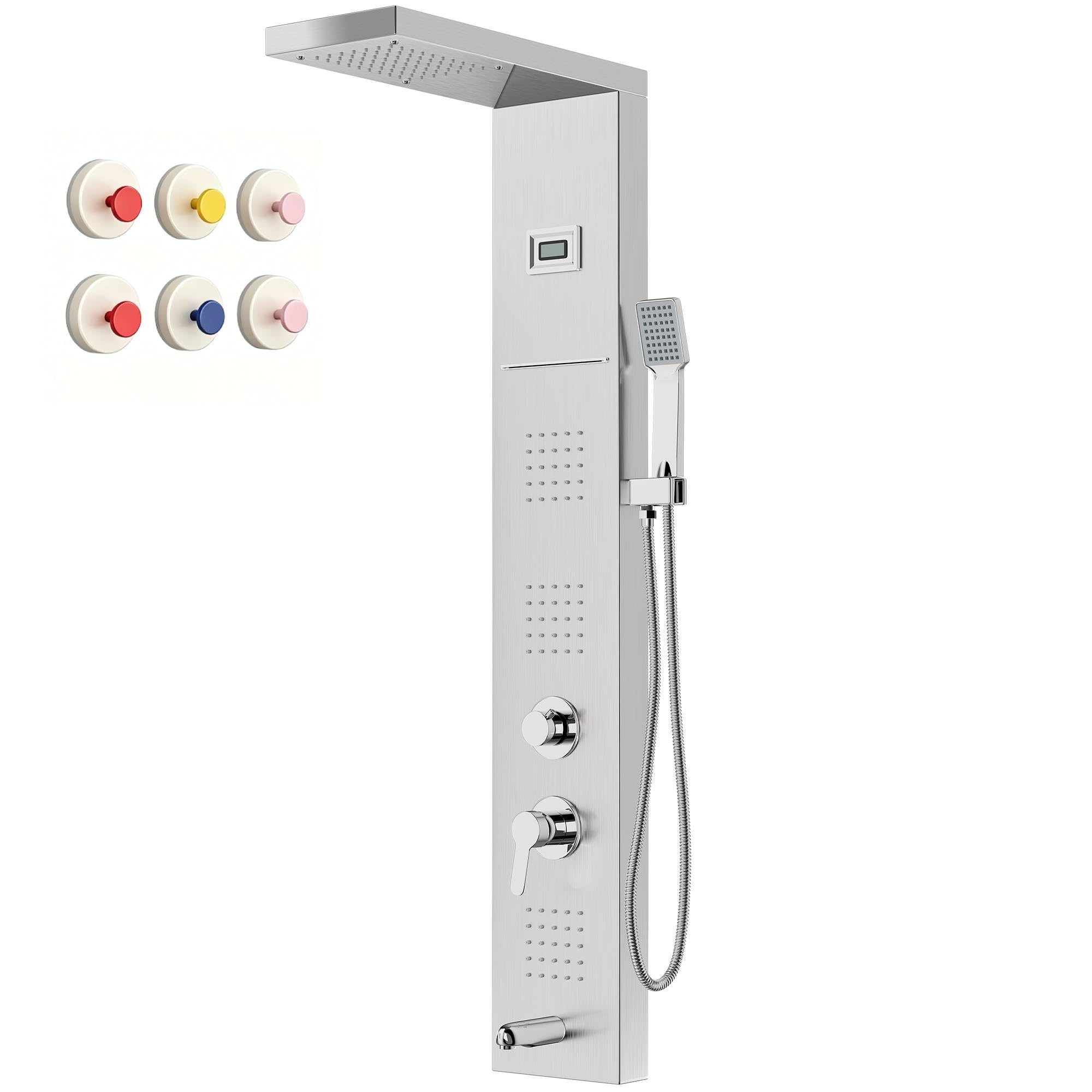 Colonne de Douche Hydromassante STANEW,Affichage LED la Température,Robinet 5 Fonctions,Pluie, Cascade,Massage, Bec de Baignoire et Pomme de Douche avec Tuyau,Acier Inoxydable Brossé 1100 mm (Gris)