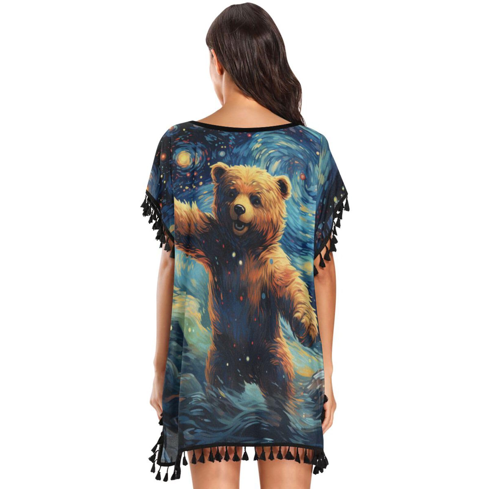 KAAVIYO Artwork Moon Bear Women's Beach Cover Up Chiffon Tassel Swimwear Swimsuit Coverups for Girl