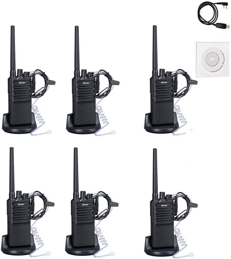 Six LUITON CS two-way radios with earpieces, charging docks, a programming cable, and a CD.