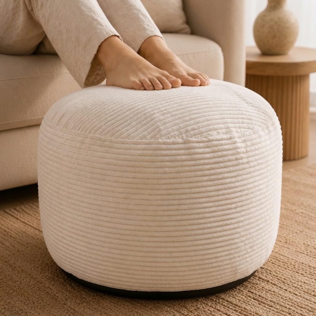 Stuffed Pouf Ottoman,Corduroy Foot Rest,Cream White,24 Inch