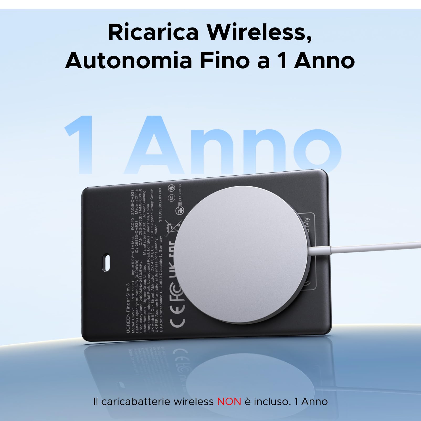 UGREEN FineTrack Slim Finder Tag Tracker Ricarica Senza Fili Localizzatore Bluetooth Compatibile con Apple Find My (Solo iOS) Ultra Sottile 1,7 mm Localizzatore Impermeabile IP68 per Portafoglio