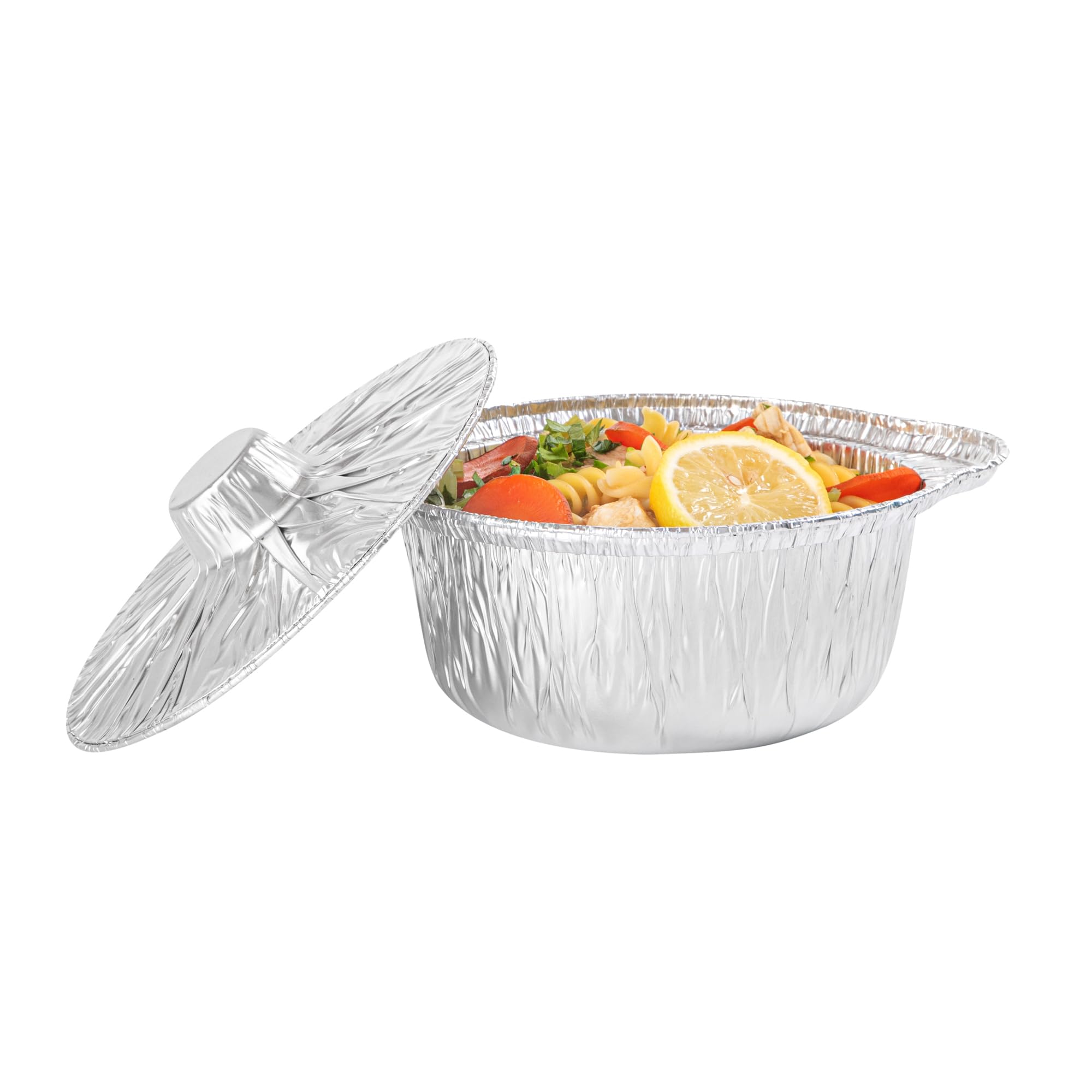 Restaurantware Foil Lux - Sartenes y tapas de 34 onzas, 10 ollas desechables con tapas, listas para horno, compatibles con estufas, bandejas de aluminio para hornear, congelables, para acampar al aire