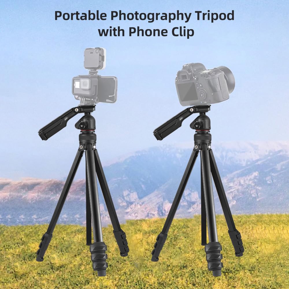 Andoer Treppiede macchina fotografica, treppiede per foto portatile da 141 cm in lega di alluminio girevole a 360° con maniglia Clip per telefono integrata per fotocamere DSLR Videocamere Smartphone