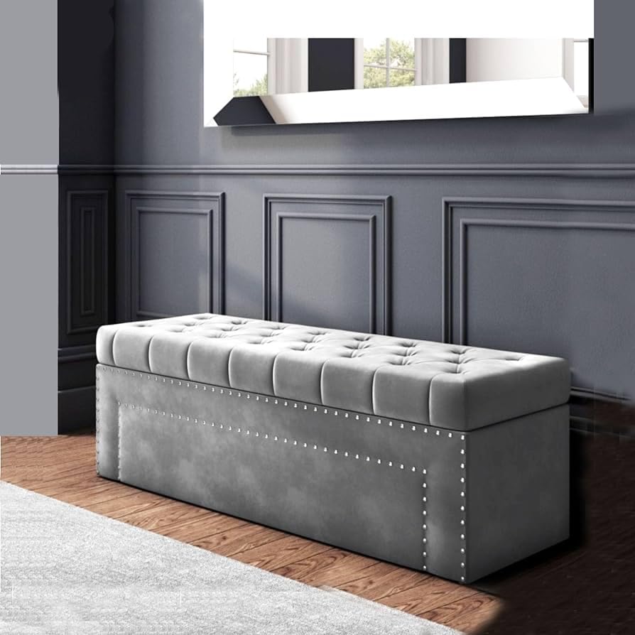 Velvet Upholstered Tufted Storage Bench Ottoman Pouffe 2 Seater Sofa Footstool Bed End Table Settee Sofa Bench for Living Room Bedroom Office (Grey)-image-7