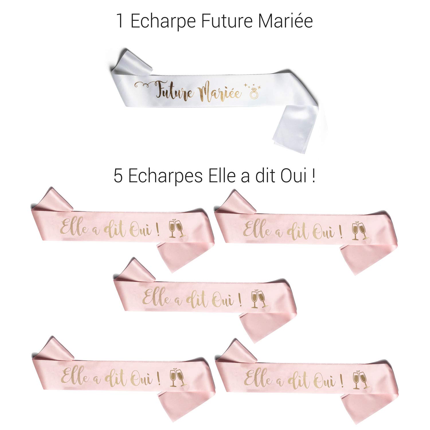 OLILLY - 6 Echarpes pour un EVJF Réussi - Fêter le mariage entre amies - 1 Echarpe Future Mariée Blanche + 5 Echarpes Elle a dit Oui Rose !