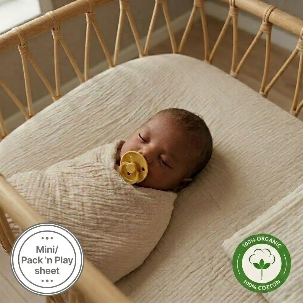 Mini Crib Sheets - Organic Cotton Muslin Fitted MINI 24"x 38" Crib Sheet for Pack and Play - Ultra-Soft and Breathable for Boys 2-Pack (Baby Blue/Fog)
