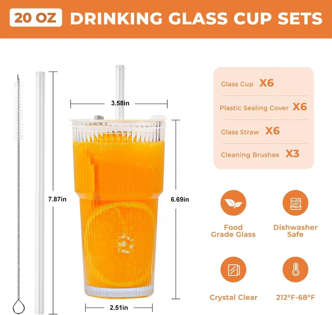 6 Pack 20 Oz Glass Cups with Lids and Straws Iced Coffee Cups Vintage Ribbed Glassware for Beer Ice Coffee Fruit Juice Elegant Aesthetic Cup Glass Iced Coffee Tumbler Include 3 Cleaning Brushes