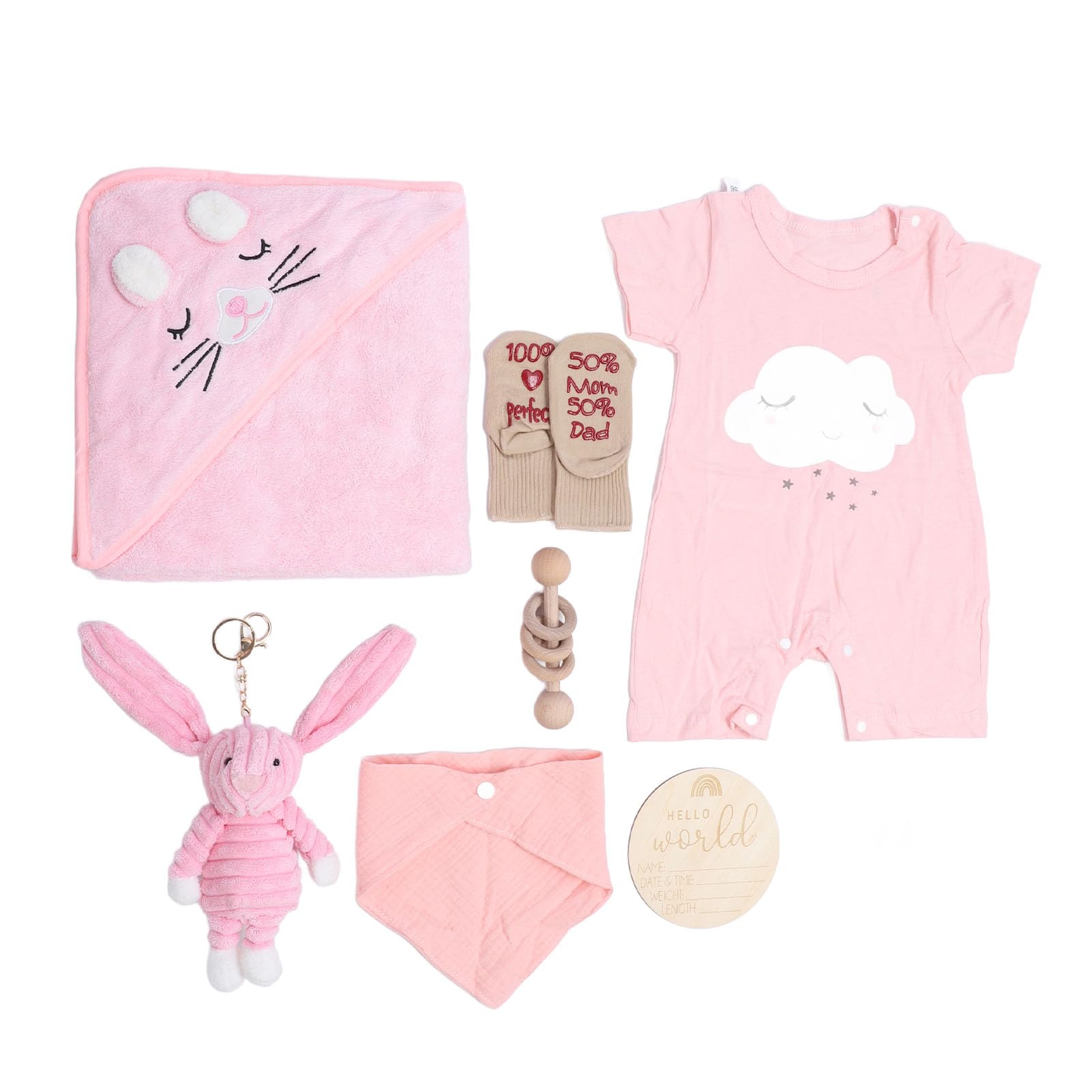 Fabater Cesta de Regalos para Baby Shower para Recién Nacido, Ropa, Muñeca, Sonajero de Madera, Baberos, Calcetines, Tarjeta de Felicitación, Juego de Regalo para Recién Nacido (PINK)