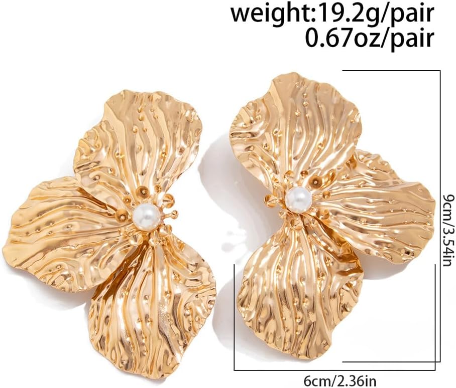 Exquisite Gold Hammered Metal Petal Flower Stud Earrings for Women Trendy Statement Leaf Floral Drop Pearl Earrings Punk Party Holiday Jewelry Gifts - Image 2