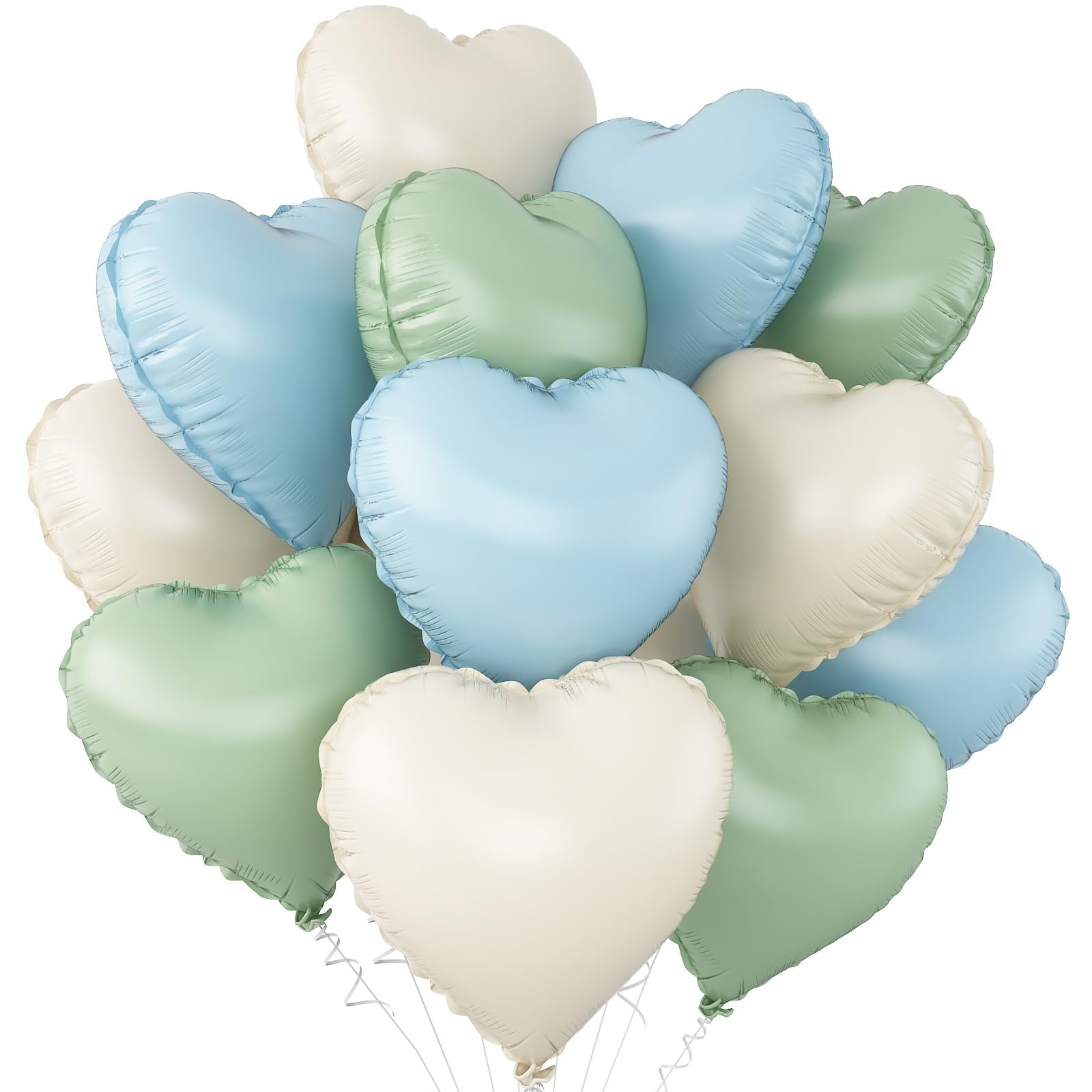 Blue Green White Heart Balloons,12Pcs 18Inch Cream White Baby Blue Sage Green Heart Shaped Foil Helium Balloons for Baby Shower Birthday Anniversary