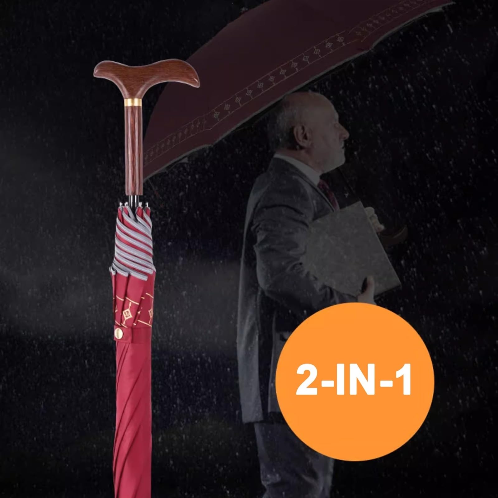 Kula parasolowa, laska parasolowa， Wielokolorowa laska do parasola 2 w 1, 83 cm, drewniana rączka, Nocna wędrówka po deszczu