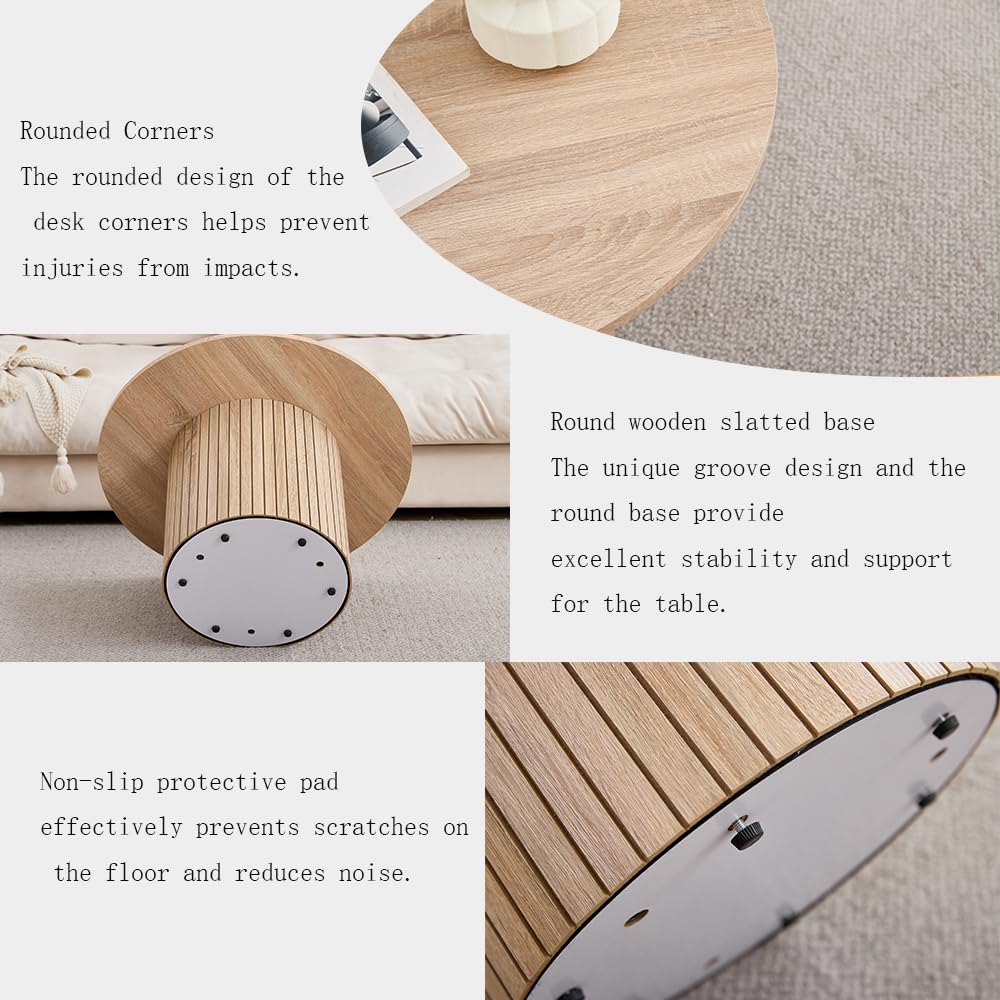 GrandCA HOME - Set di 2 Tavolini Rotondi da Caffè, Tavolino Rotondo da Divano, Piano in MDF con Base a Doghe in Legno, Ideale per Soggiorno e Ufficio (Venature in Legno Naturale)