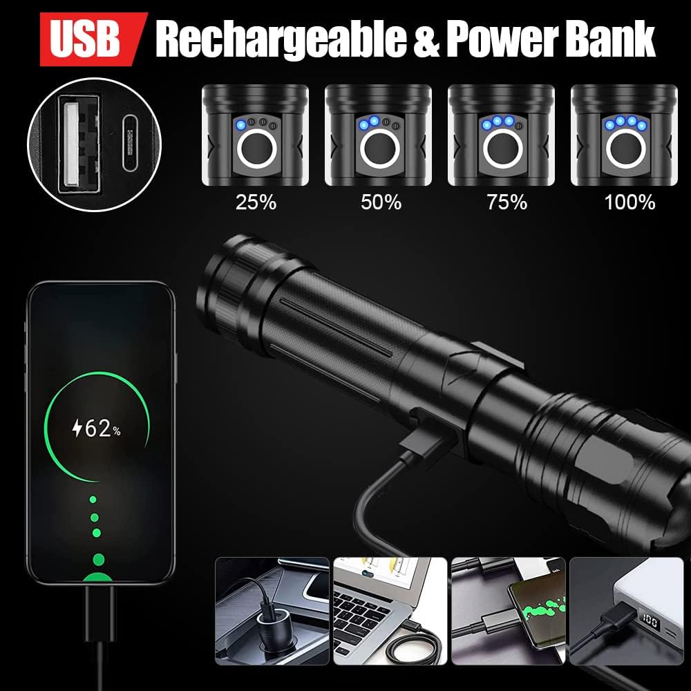 Rechargeable High Lumens Flashlight, Super Bright Zoomable IPX5 Waterproof LED Flashlight with 5000mAh Batteries Included & 5 Modes, Powerful Handheld Flashlight for Camping Emergencies - - 