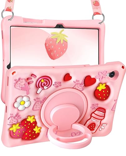 Boaretiu for Galaxy Tab S10 FE/ S9 FE Case - with Shoulder Strap & Rotating Stand Strawberry Cute Cartoon 3D Kawaii for Girls Girly Teens Women Soft Silicone for Samsung S10 FE/ S9 FE Case - for Galaxy Tab S10 FE/S9 FE