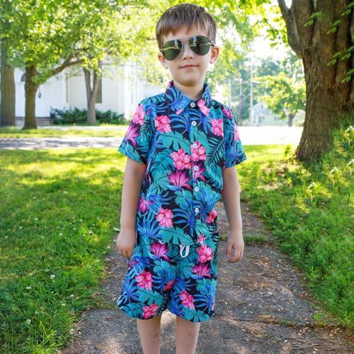 Image of UNICOMIDEA Boys Hawaiian Outfits Tropical Print Button Down Shirt + Swim Trunks 2 Piece Sets for 5-12T Kids