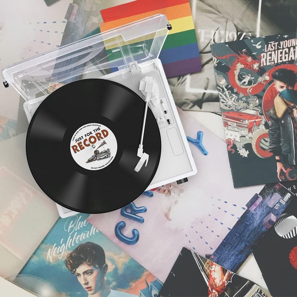 Trynnay Giradischi con altoparlante in vinile, fonografo LP senza fili, con altoparlanti stereo incorporati, trasmissione a 3 marce, giradischi con altoparlanti, retro bianco