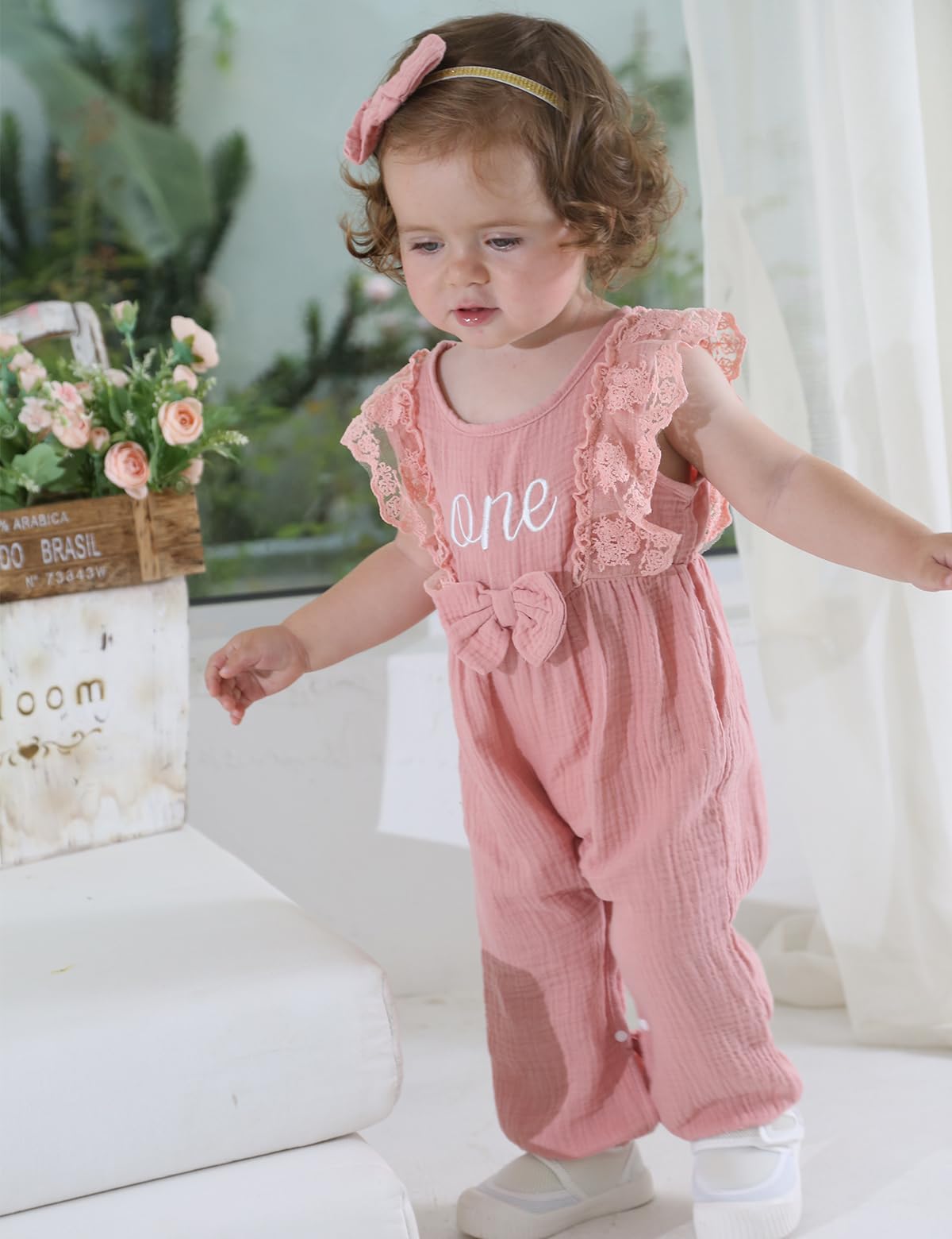 Aslaylme Baby Girl First Birthday Outfit One Year Old Birthday Clothes Girl Cute Ruffle Romper (Pink,12-18 Months)